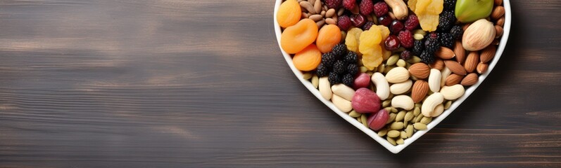 Dried fruits and nuts, laid out in the shape of a heart on wooden dark background . Concept of the...