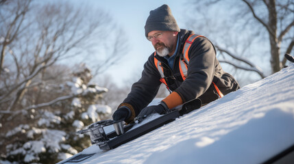 A male worker repairing the roof covering of a country house. Roofing company working on house roof in winter season doing ice removal or repair.