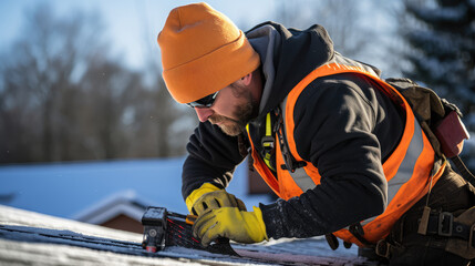 A male worker repairing the roof covering of a country house. Roofing company working on house roof in winter season doing ice removal or repair. - obrazy, fototapety, plakaty