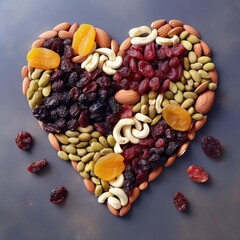 Heart made from a mixture of dried fruits and nuts оn light background --v 5.2 Job ID: 2445a534-b698-4b47-8ffd-98d331a9c3b4