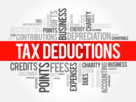 Tax Deductions - items you can subtract from your taxable income to lower the amount of taxes, word cloud concept background