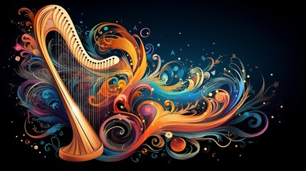 Abstract and colorful illustration of a mystical harp on a black background