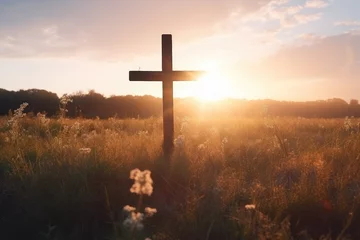 Fotobehang Silhouette jesus christ crucifix on cross on calvary sunset background concept for good friday he is risen in easter day, good friday jesus death on crucifix, world christian and holy spirit religious © Art Stocker
