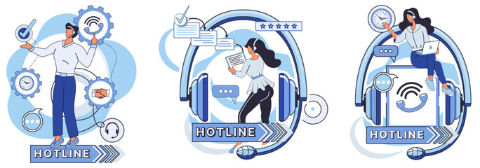 Fototapeta premium Hotline vector illustration. The call center echoes with commitment to provide 24 7 assistance globally Unlock potential technology with our hotline, your dedicated guide Need help The professional