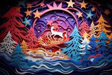 Intricate paper art scene with a majestic deer amid a colorful, multilayered forest with stars and swirling patterns.

