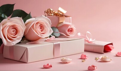 Valentine's day design Realistic gifts box and balloons decoration Holiday banner, flyer, brochure. Romantic background
