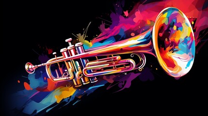 Abstract and colorful illustration of a trumpet on a black background