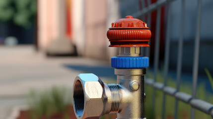 Close-up new metal taps with valve for drinking water pipeline. Outdoor water supply tap.