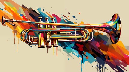 Abstract and colorful illustration of a trumpet on a cream background - obrazy, fototapety, plakaty