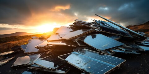 Heap of broken solar panels bathed in the light of the rising sun , concept of Renewable energy waste - obrazy, fototapety, plakaty