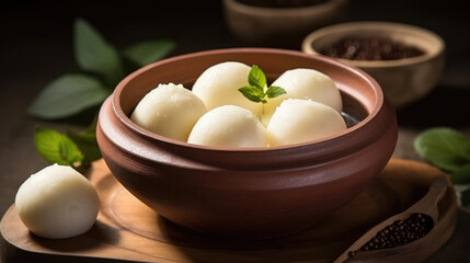 Close-up of a plate of Indian traditional sweet dessert rasgulla, bengali sweets. White Ball dumplings made of chhena dough cooked in a light sugar syrup.