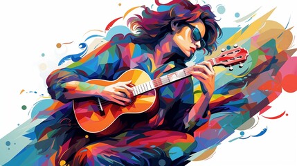 Abstract and colorful illustration of a woman playing ukulele on a white background
