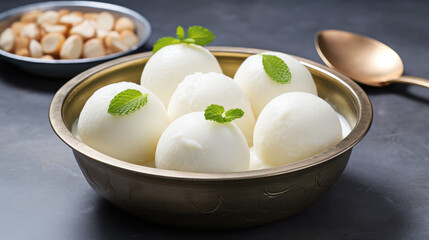 Close-up of a plate of Indian traditional sweet dessert rasgulla, bengali sweets. White Ball dumplings made of chhena dough cooked in a light sugar syrup.