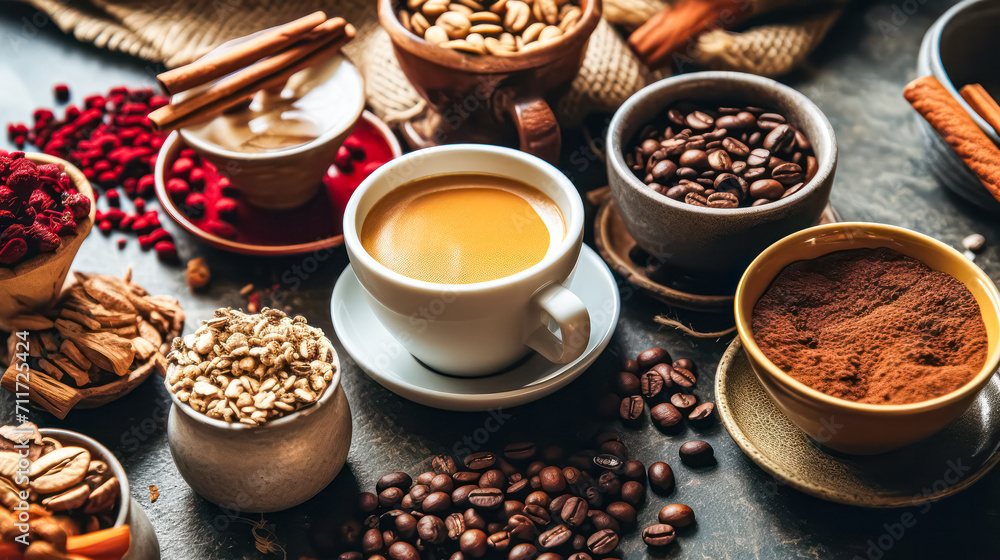 Poster immerse yourself in a tempting tableau of diverse coffee cups surrounded by an array of nuts and spi