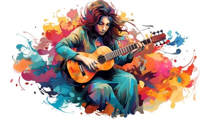 Abstract and colorful illustration of a woman playing ukulele on a white background