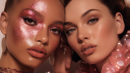 Two beautiful young women with glitter, confetti, and glamorous makeovers, each wearing a stunning pink lipstick, mascara, dress to enhance their natural beauty
