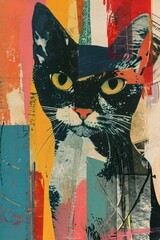 Vintage cat collage art in an abstract style, featuring retro colors for an eye-catching effect in wall art and printing designs.
