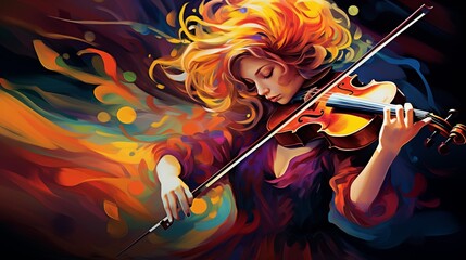 Abstract and colorful illustration of a woman playing violin