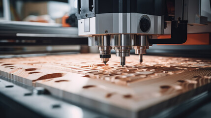 Close-up of machine with laser cnc wood cutting technology. Automated wood engraving or carving process, wood products factory. - obrazy, fototapety, plakaty