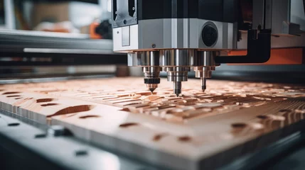 Foto op Plexiglas Close-up of machine with laser cnc wood cutting technology. Automated wood engraving or carving process, wood products factory. © dinastya