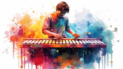 Abstract illustration of a boy playing xylophone on a colorful background - obrazy, fototapety, plakaty