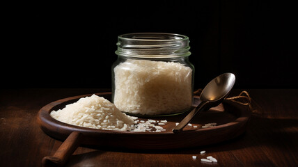 bowl of white rice on a black wooden background