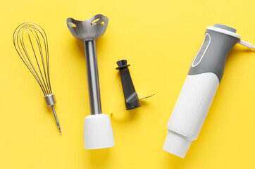 Electric blender on a yellow background. Top view. 