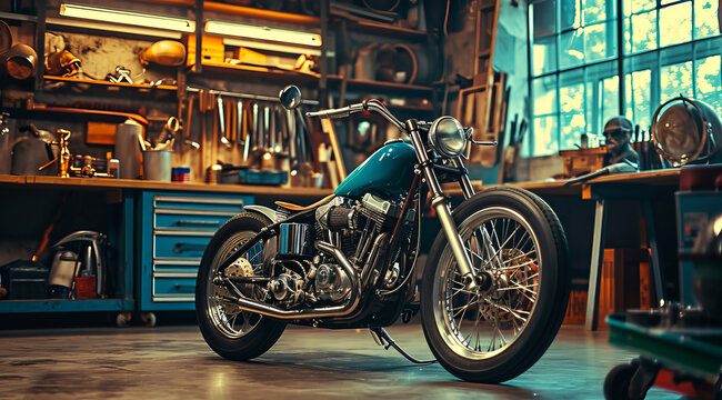 Retro stylish vintage bike in repair garage