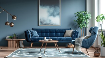 A dark blue sofa in a Scandinavian apartment with a painting. Interior design of a modern living room