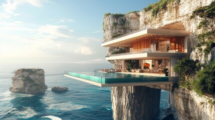 A cliffside retreat with cantilevered balconies, providing breathtaking views of the coastline, an architectural marvel in a natural setting.