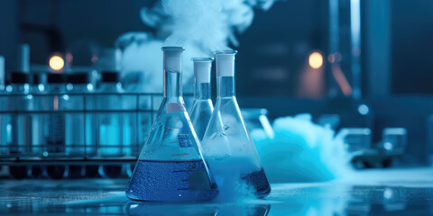 Glass test tube with a smoking liquid. Vaporizing blue liquids in a chemistry lab. Developing a new...
