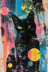 Vintage cat collage art in an abstract style, featuring retro colors for an eye-catching effect in wall art and printing designs.
