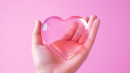 Hands holding glass transparent heart isolated on flat pink background with copy space for text, banner template. Valentine's Day, charity, love and care.