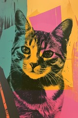 Vintage cat collage art in an abstract style, featuring retro colors for an eye-catching effect in wall art and printing designs.

