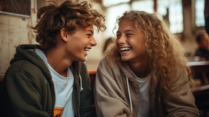 Happy European or American teenager girl laughing with friends in school. Happy childhood, friendly group of children in class. Teenage friendship and transition age.