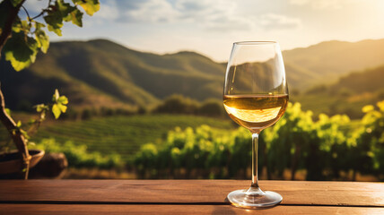 glass of wine on wooden table with beautiful vineyard landscape background
