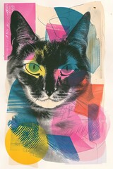 Vintage cat collage art in an abstract style, featuring retro colors for an eye-catching effect in wall art and printing designs.

