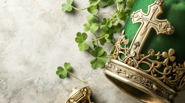 Bishop St. Patrick's vestment, headdress decorated gold cross and green precious stones, shamrock, light background.