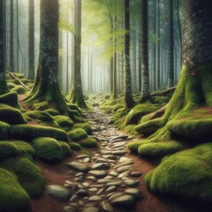 Mystical Green Forest and Ancient Ruins: Tranquil Beauty of Nature and Decay