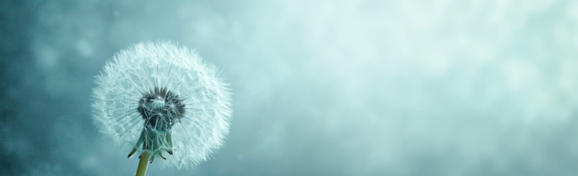 abstract close up of dandelion on blue background horizontal wallpaper with large copy space for text. Condolence, grieving card, loss, funerals, support © XC Stock