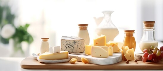 Obraz na płótnie Canvas cheese types and milk on a bright white kitchen background