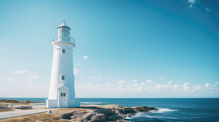 Minimalistic landscape with white lighthouse against blue bright summer sky and sun rays. Lighthouse on the seashore, postcard from a trip.