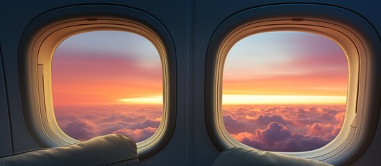 Viewing the serene cloudscape through twin airplane windows at dawn oval shaped