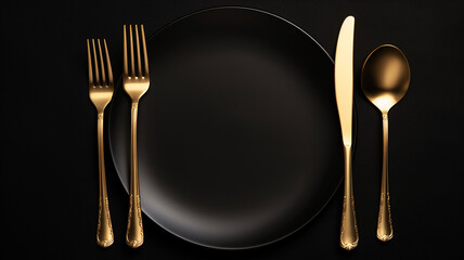 black cutlery on black background with golden spoon.