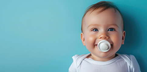 Smiling baby boy with pacifier portrait on flat blue background with copy space. Banner template with infant child smile. - Powered by Adobe