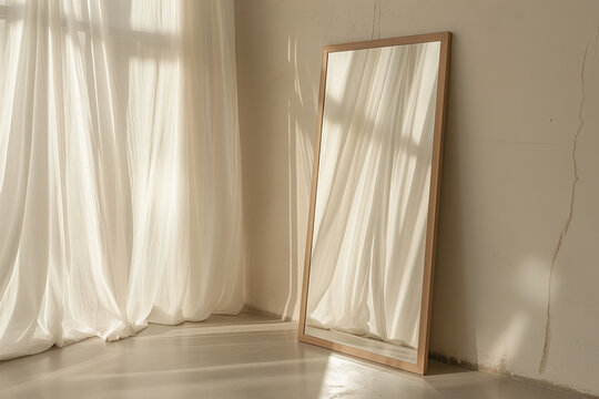 Sunlit Interior with Leaning Rectangular Mirror Reflection