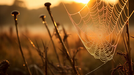 morning dew drops on a web of a spider web. close - up.