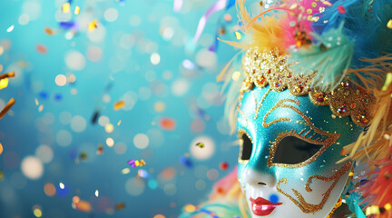 Carnival’s Enchantment: A Vibrant Masquerade Mask Amidst a Colorful Confetti Shower - carnivals -...