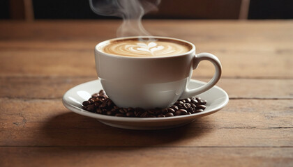Fototapeta premium Cup of coffee on a wooden table generated by AI