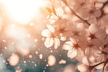 A close-up of a cherry blossom tree in soft sunlight with petals falling gently Cherry tree blossom in spring . Cherry blossom tree in bloom flowering macro detail